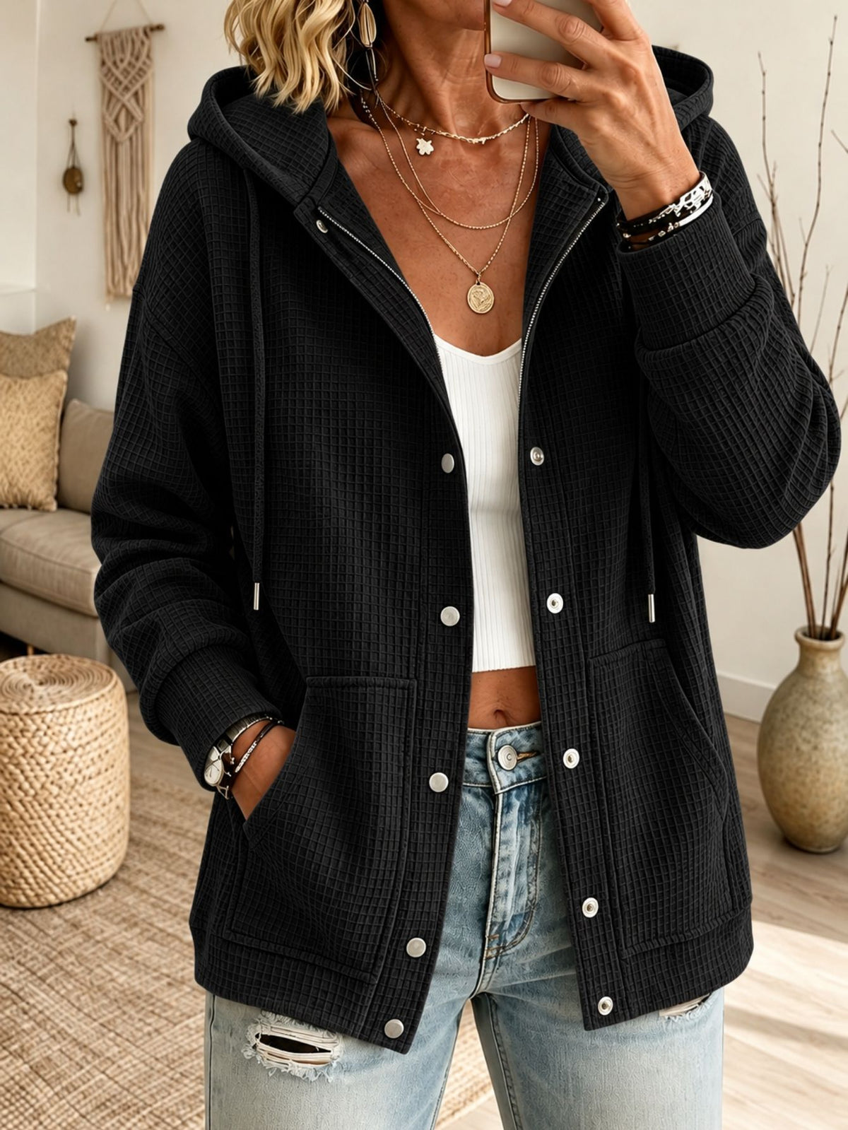 Women's Snap-Button Waffle Knit Hooded Shacket