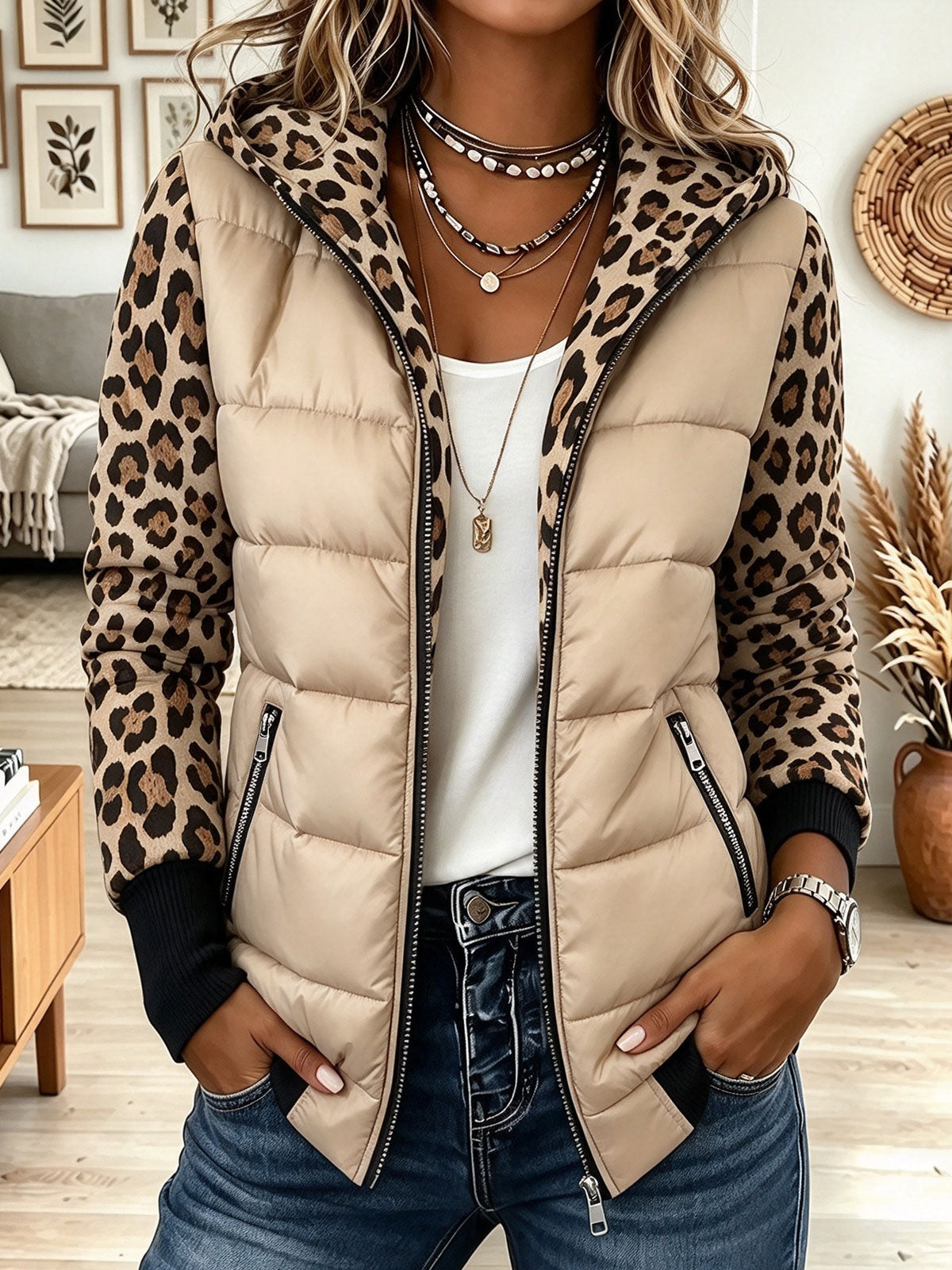 Women's Beige Puffer Winter Jacket Coat with Leopard Print Hood and Sleeves