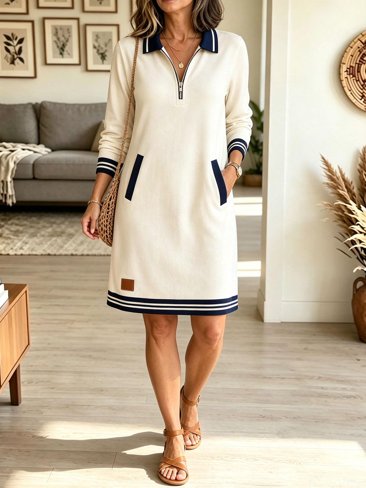 Women's Contrast Trim Polo Neck Sweater Dress, Half Zip Long Sleeve Knit Midi Dress