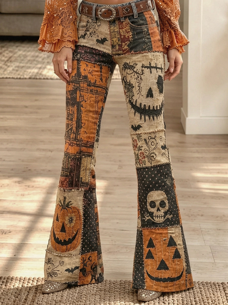 Women's Vintage Halloween Pumpkin Face Spider Web Print High Waist Casual Jean