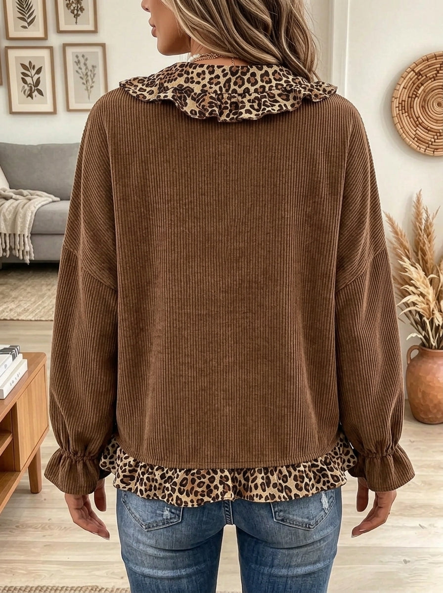 Women's Leopard Ruffle Trim Button Corduroy Top