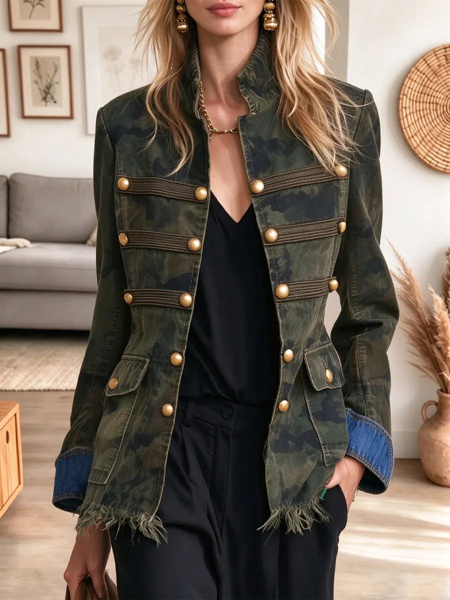 Retro Military Art Casual Stylish Long Sleeve Stand Collar Denim Coat