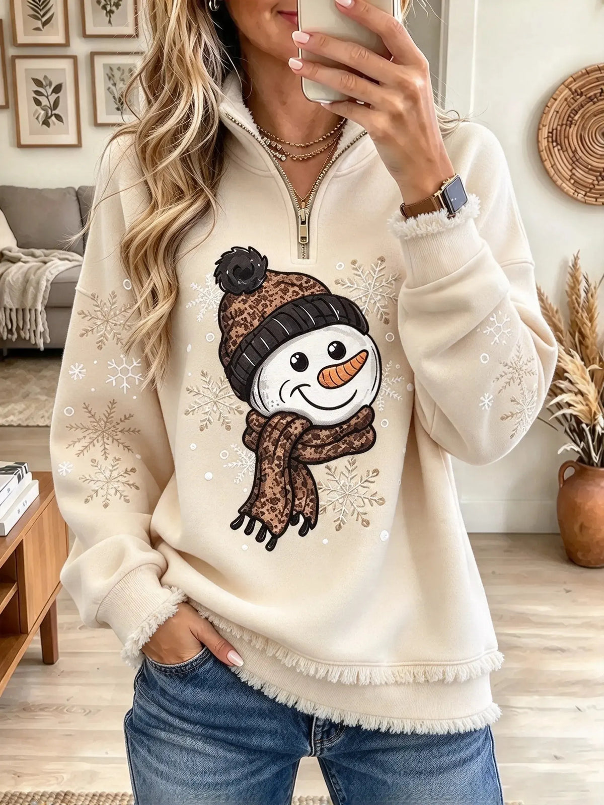 Women's Snowflake Snowman Print Half-Zip Sweatshirt