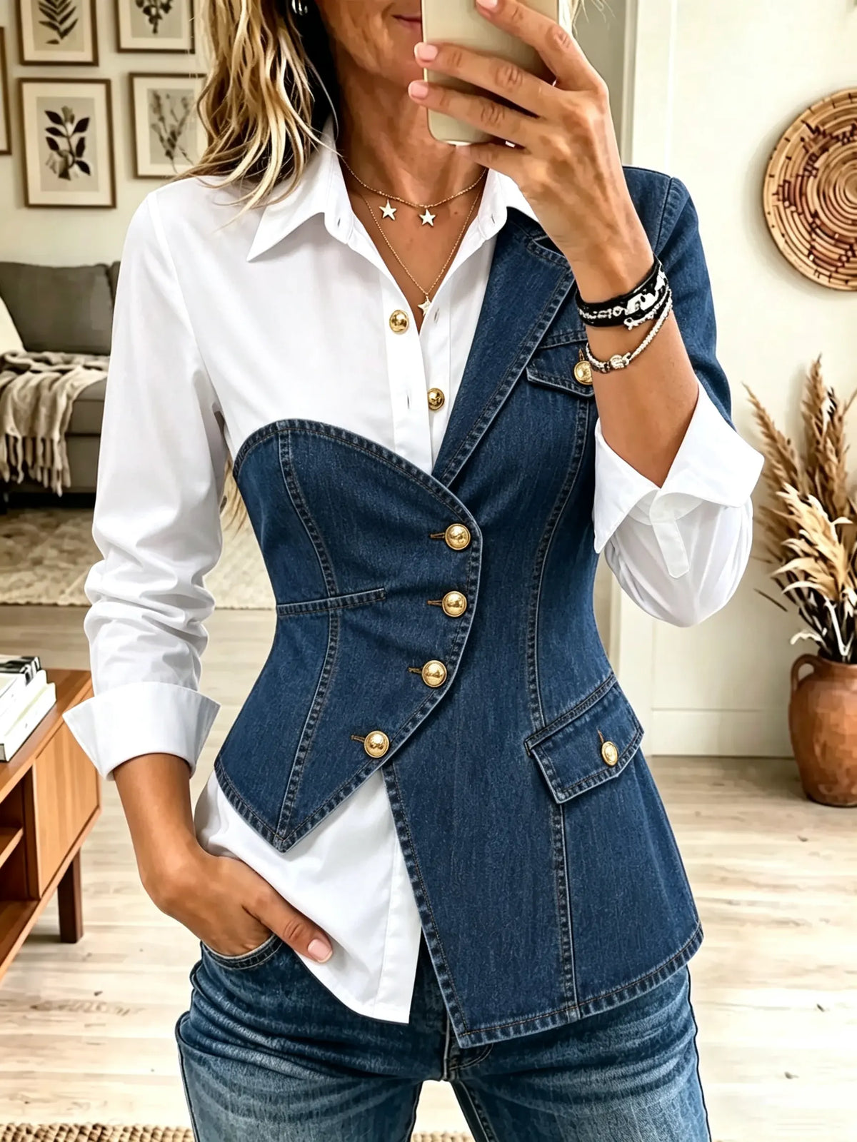 Women's Denim Corset Layered Shirt Blouse