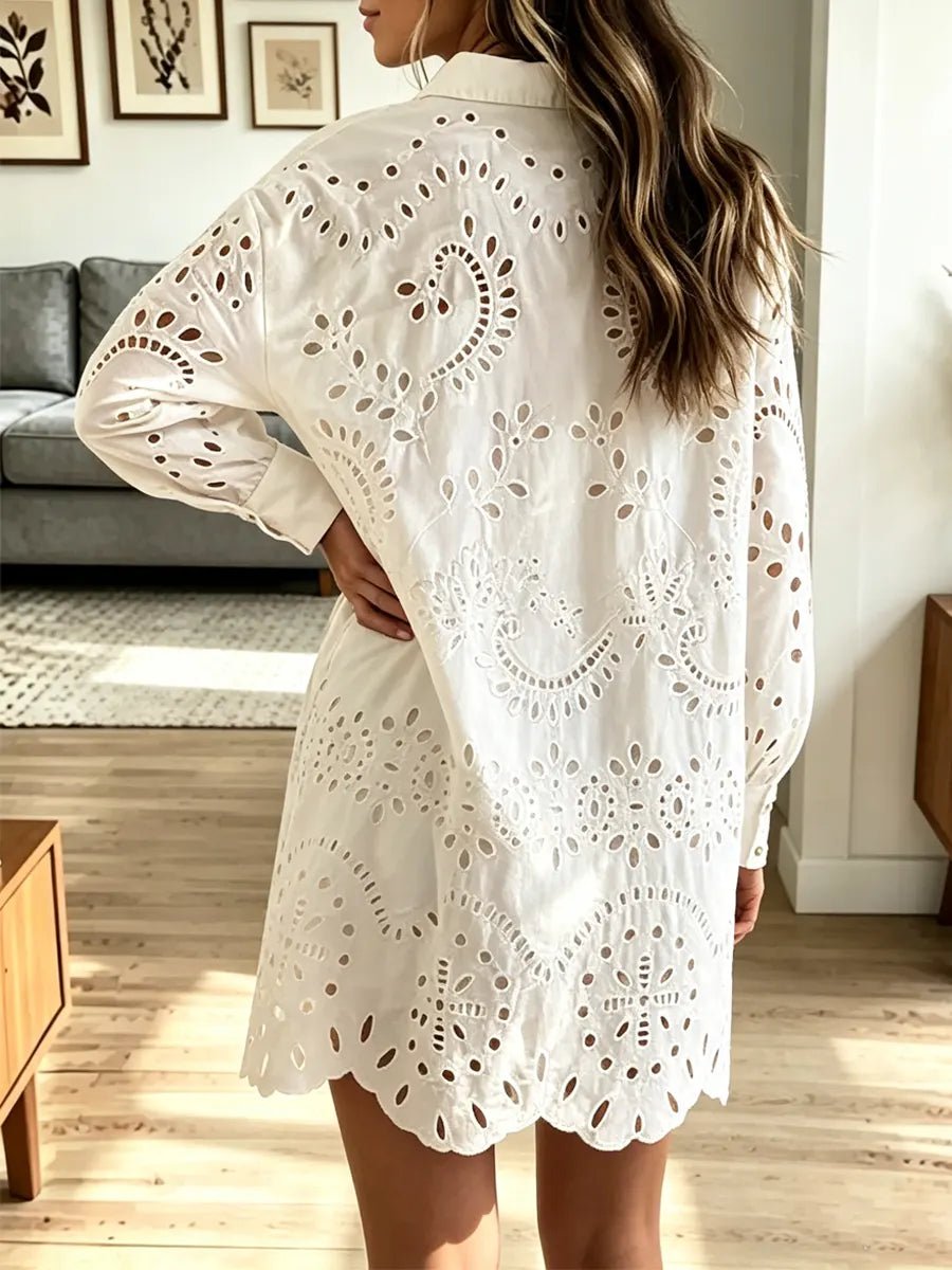 Retro Hollow Embroidery Art Lapel Casual Stylish Long Sleeve Cotton Shirt