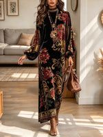 Women's Floral Print Mock Neck Velvet Maxi Dress