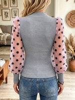 Women's Polka Dot Sheer Puff Sleeve Ribbed Top