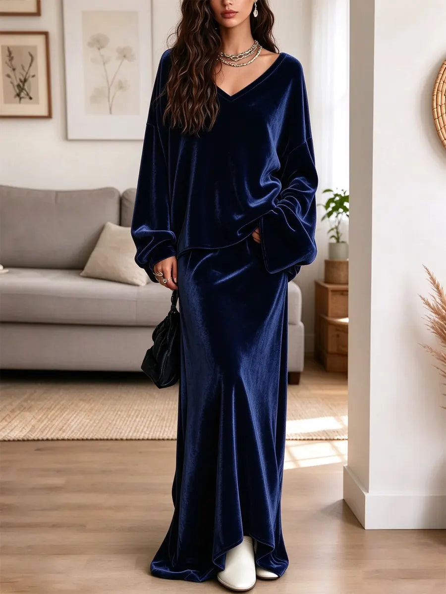 Retro Chic Velvet Art Casual Stylish Long Sleeve Top And Skirt Two-piece Set