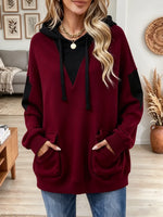 Women's Colorblock V-Neck Drawstring Fleece Hoodie