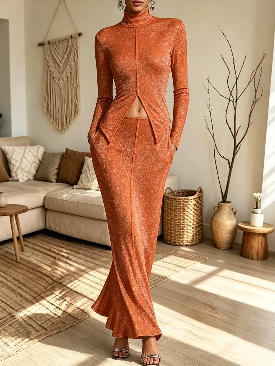 Women's Turtleneck Long-sleeve Split-front Top And High-waist Mermaid Long Skirt Two-piece Set