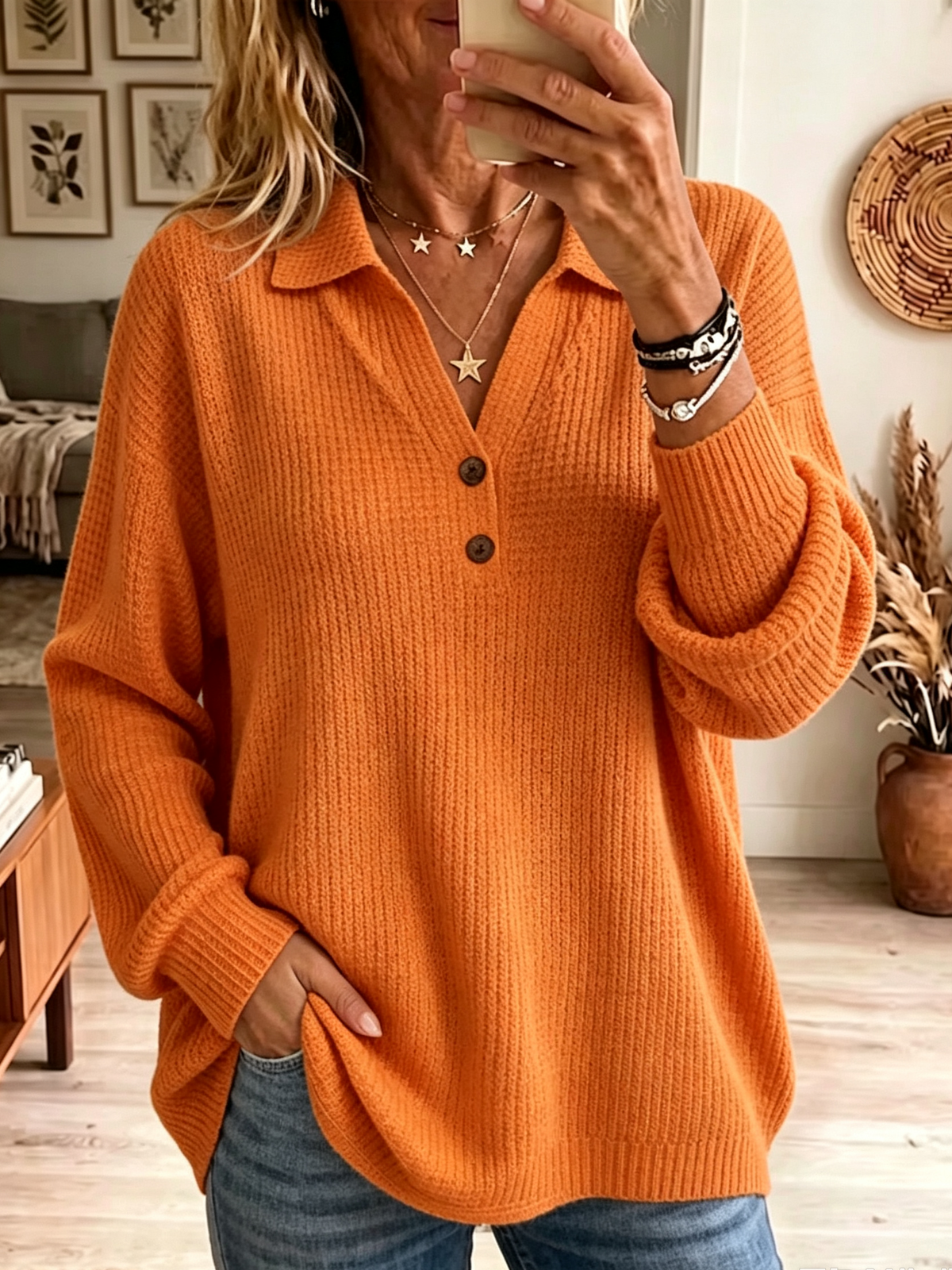 Women's Lapel Collar Henley Waffle Sweater