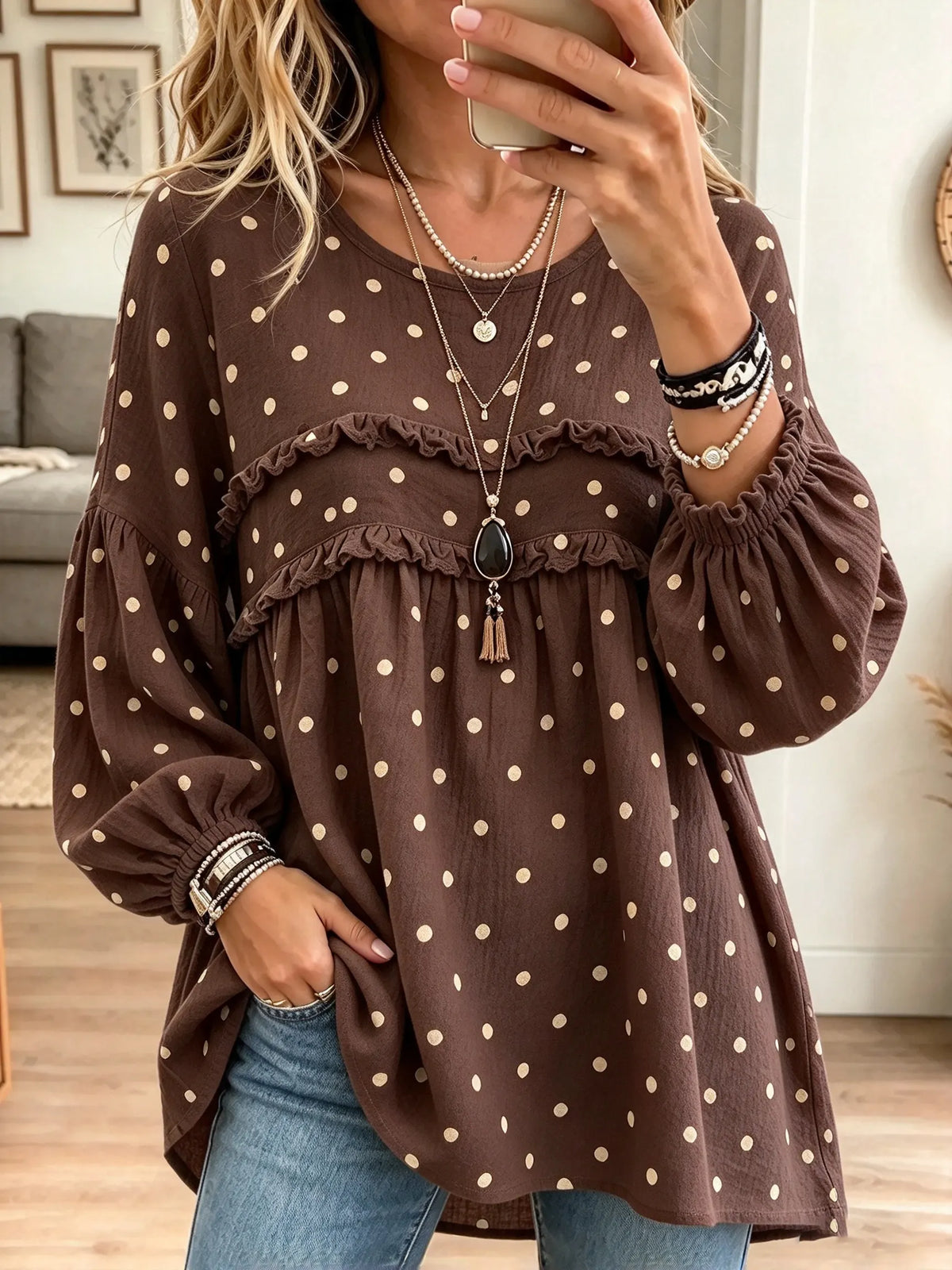 Women's Polka Dot Ruffle Peasant Blouse