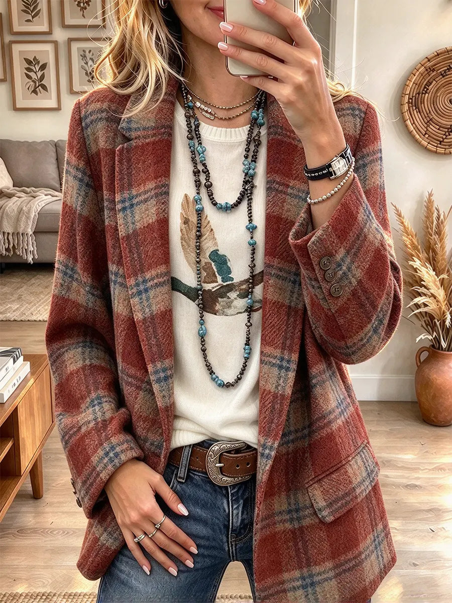 Women's Retro Casual Plaid Print Lapel Coat