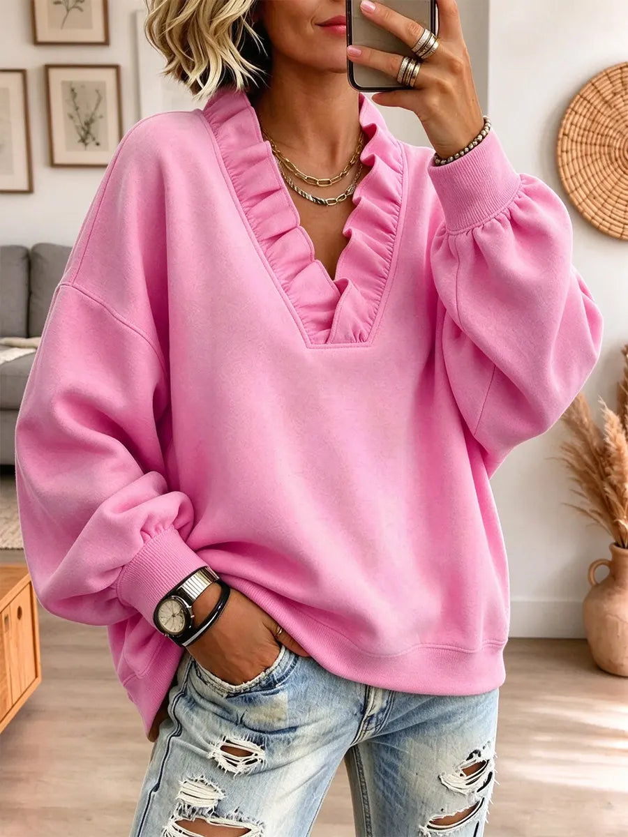 Retro Chic Ruffle V-neck Art Casual Stylish Long Sleeve Sweatshirt