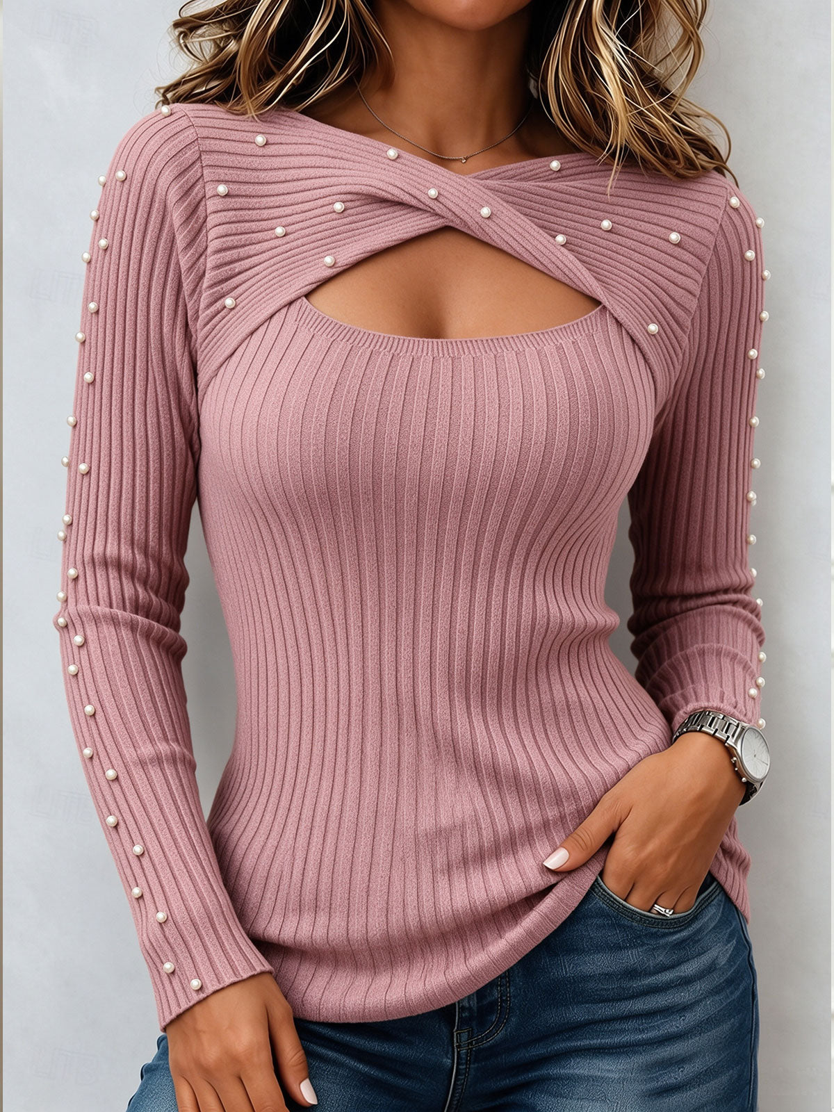 Women's Pearl Beaded Crisscross Cutout Knit Top, Long Sleeve Slim Fit Ribbed Blouse