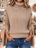 Women's Beige Turtleneck Cable Knit Poncho Sweater with Split Sleeves