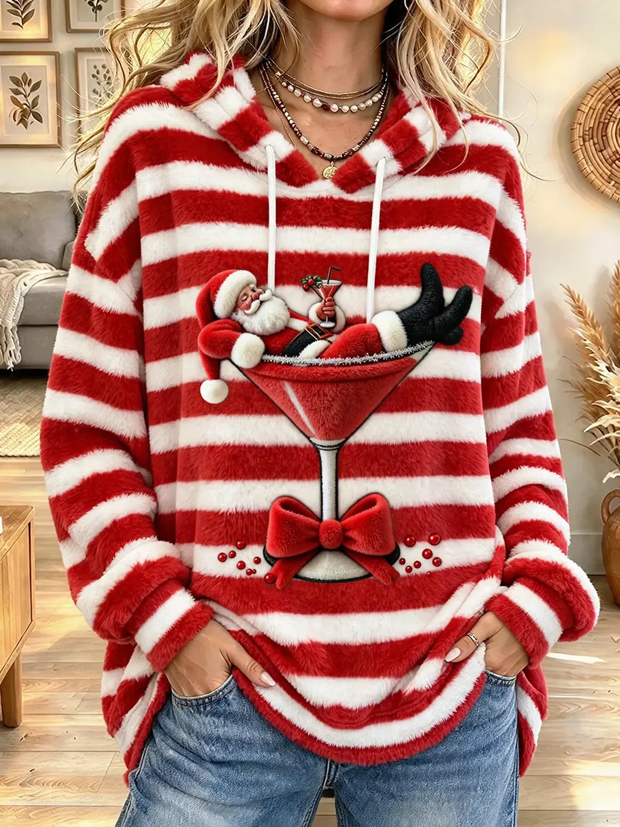 Women's Retro Striped Santa Claus Print Hooded Sweater