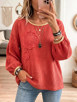 Women's Vintage Elegant Waffle Gold Trim Crochet Flower Shirt