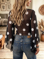 Women's Polka Dot Sheer Mesh Plunging Top