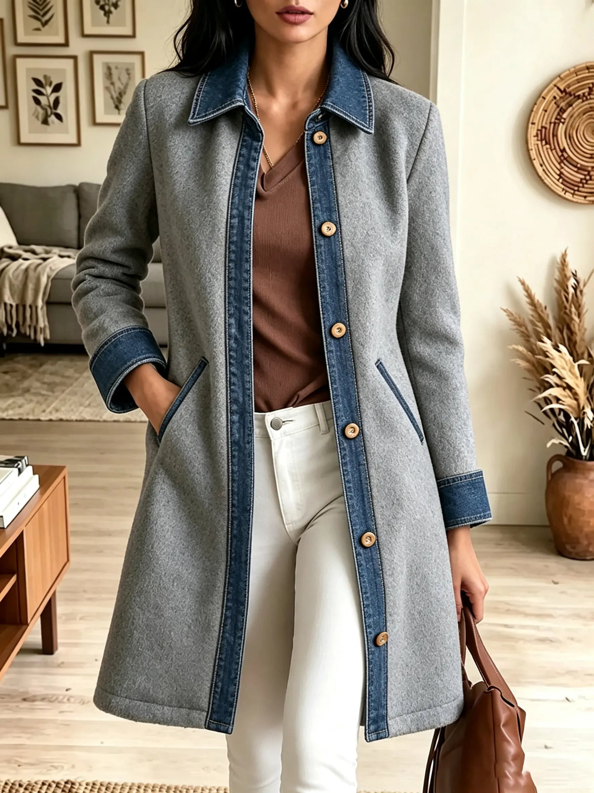 Women's Denim Trim Woolen Trench Coat