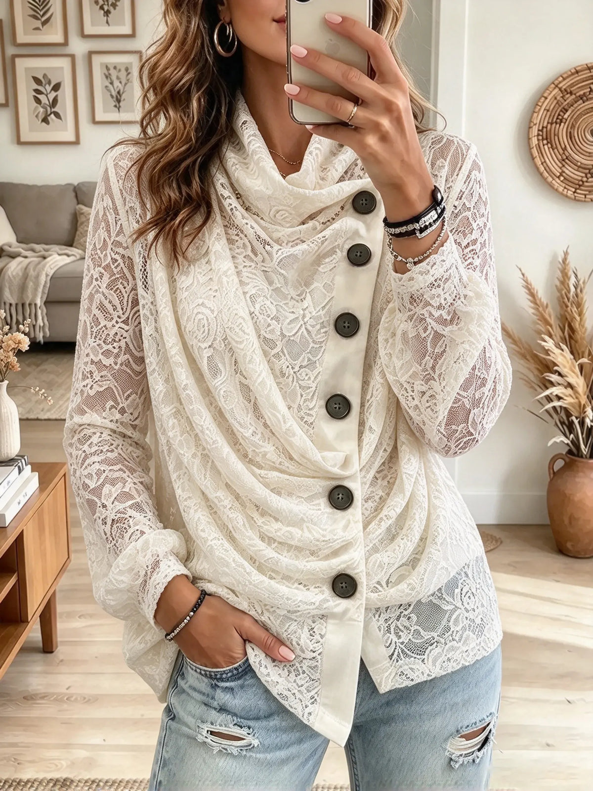 Women's Sheer Floral Lace Draped Cowl Blouse