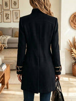 Women's Military Style Long Coat Stand Collar Gold Trim Double Breasted Trench
