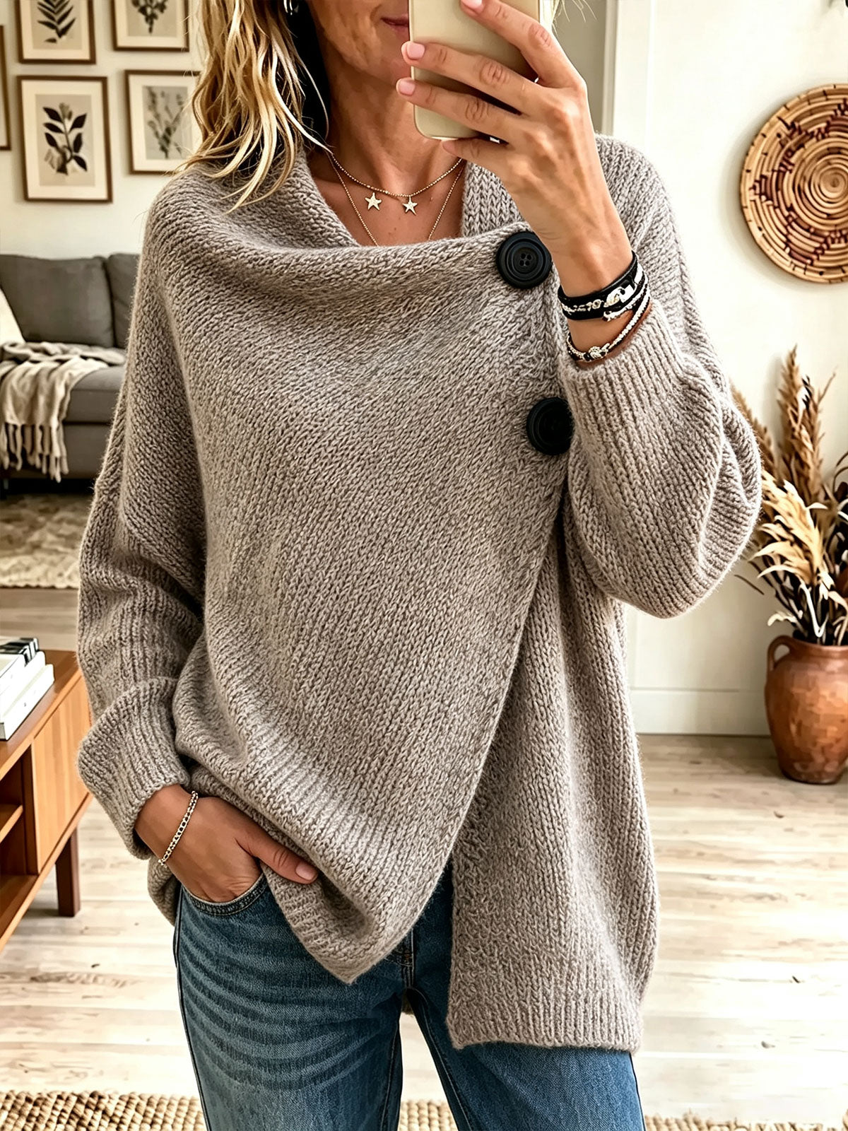 Women's Cowl Neck Oversized Knit Cardigan, Button Wrap Loose Long Sleeve Sweater Coat
