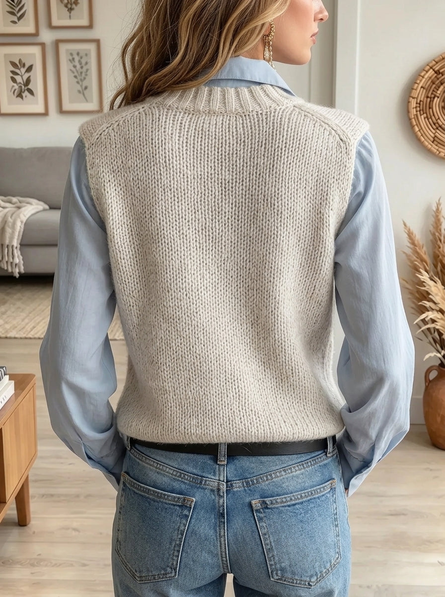 Women's 3D Floral Brooch V-Neck Knit Sweater Vest