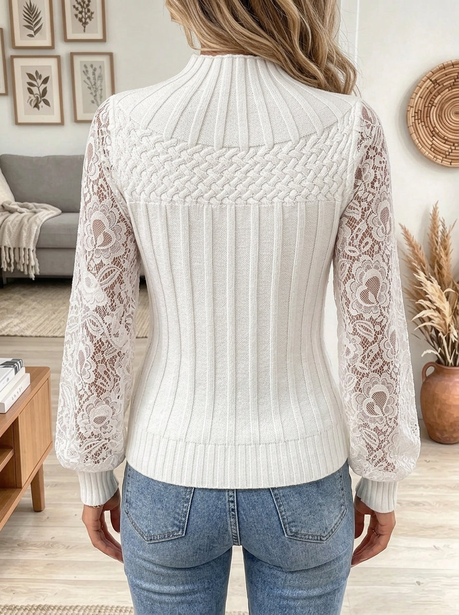 Women's Floral Lace Sleeve Mock Neck Ribbed Sweater