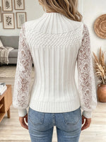 Women's Floral Lace Sleeve Mock Neck Ribbed Sweater