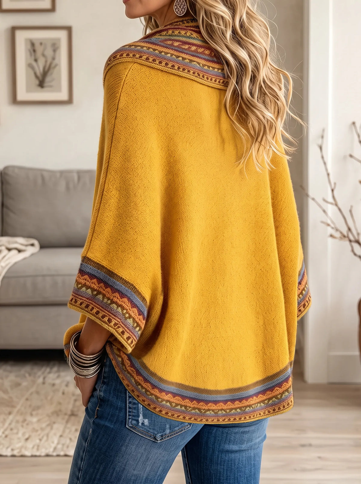Women's Southwestern Aztec Print Cowl Neck Poncho Sweater - Mustard Yellow Boho Knit Pullover Top