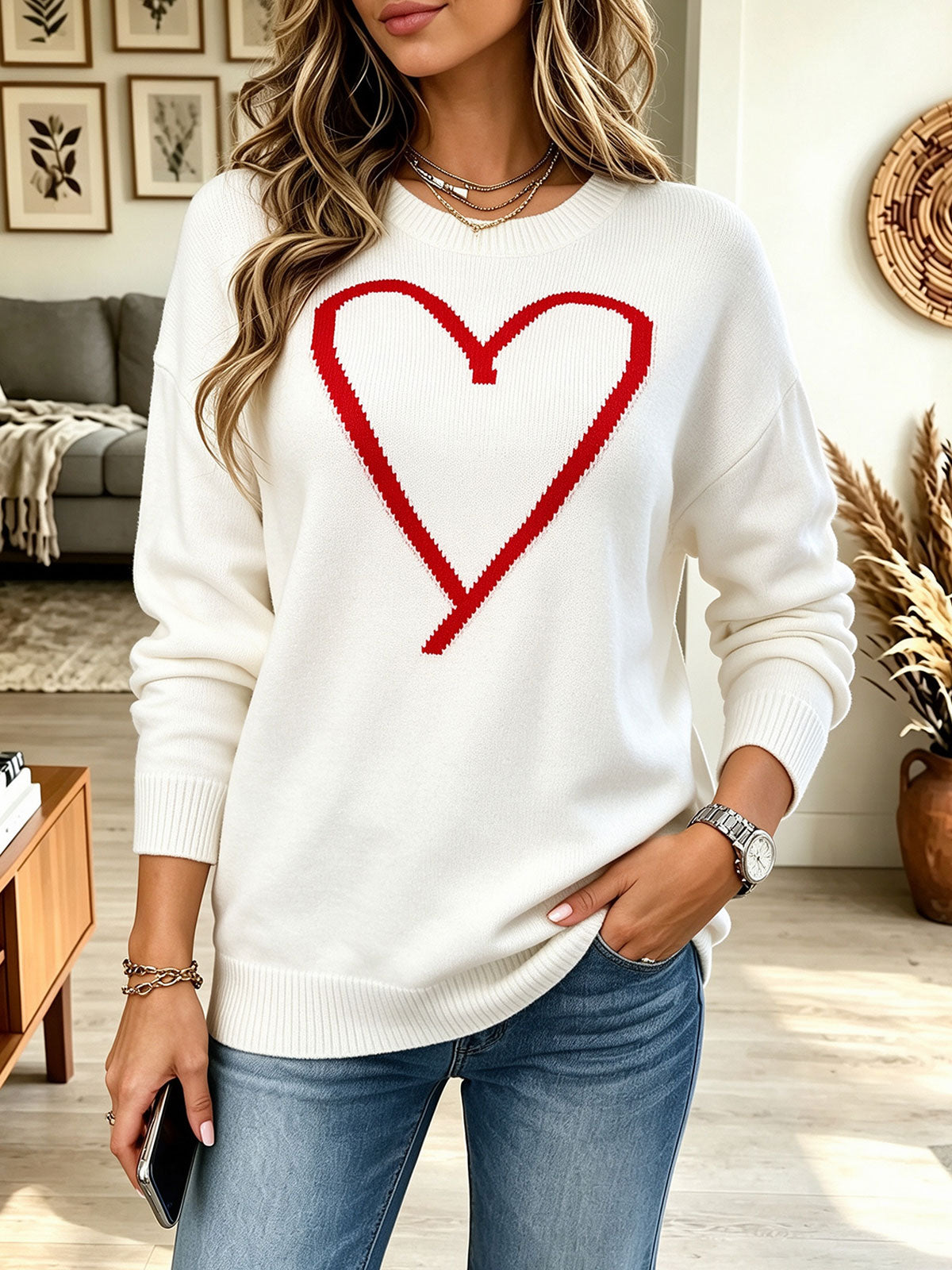 Women's Heart Graphic Knit Sweater, Long Sleeve Crew Neck Pullover