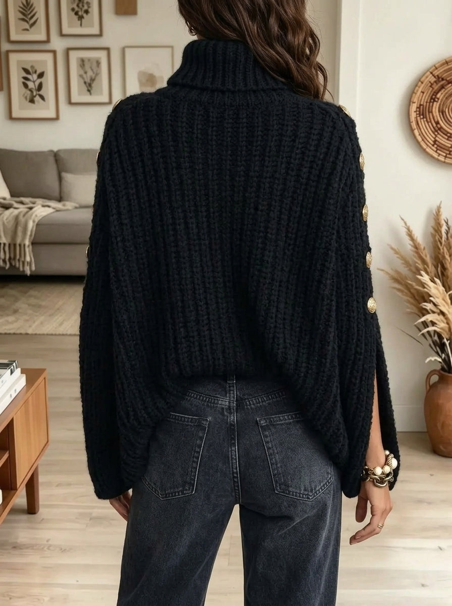 Women's Button Slit Sleeve Turtleneck Knit Poncho