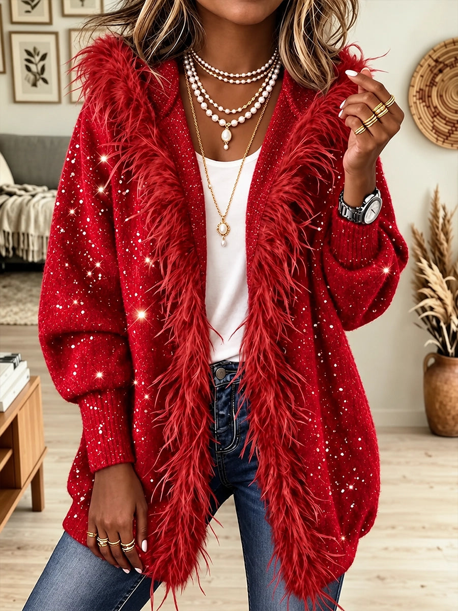 Women's Faux Fur Feather Trim Shimmering Knit Cardigan