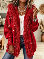 Women's Faux Fur Feather Trim Shimmering Knit Cardigan