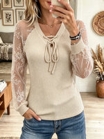 Women's Sheer Floral Lace Sleeve Lace-Up Top