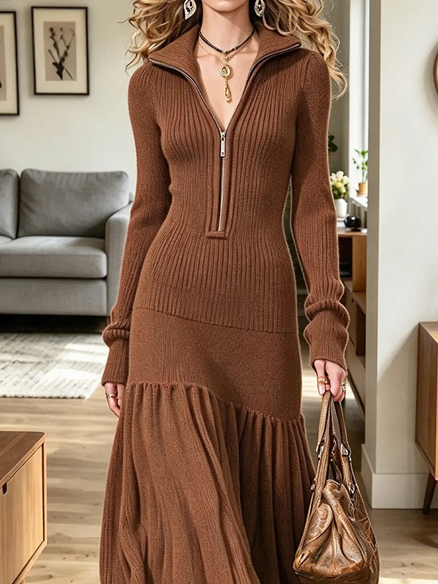 Vintage Elegant Zip Lapel Art Casual Stylish Long Sleeve Knitted Dress