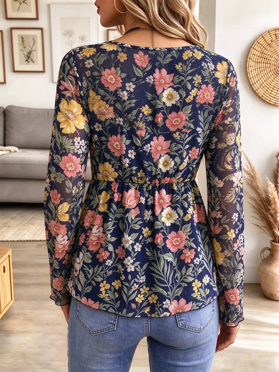 Retro Floral Pattern Art Print Casual Stylish Long Sleeve Mesh V Collar Shirt
