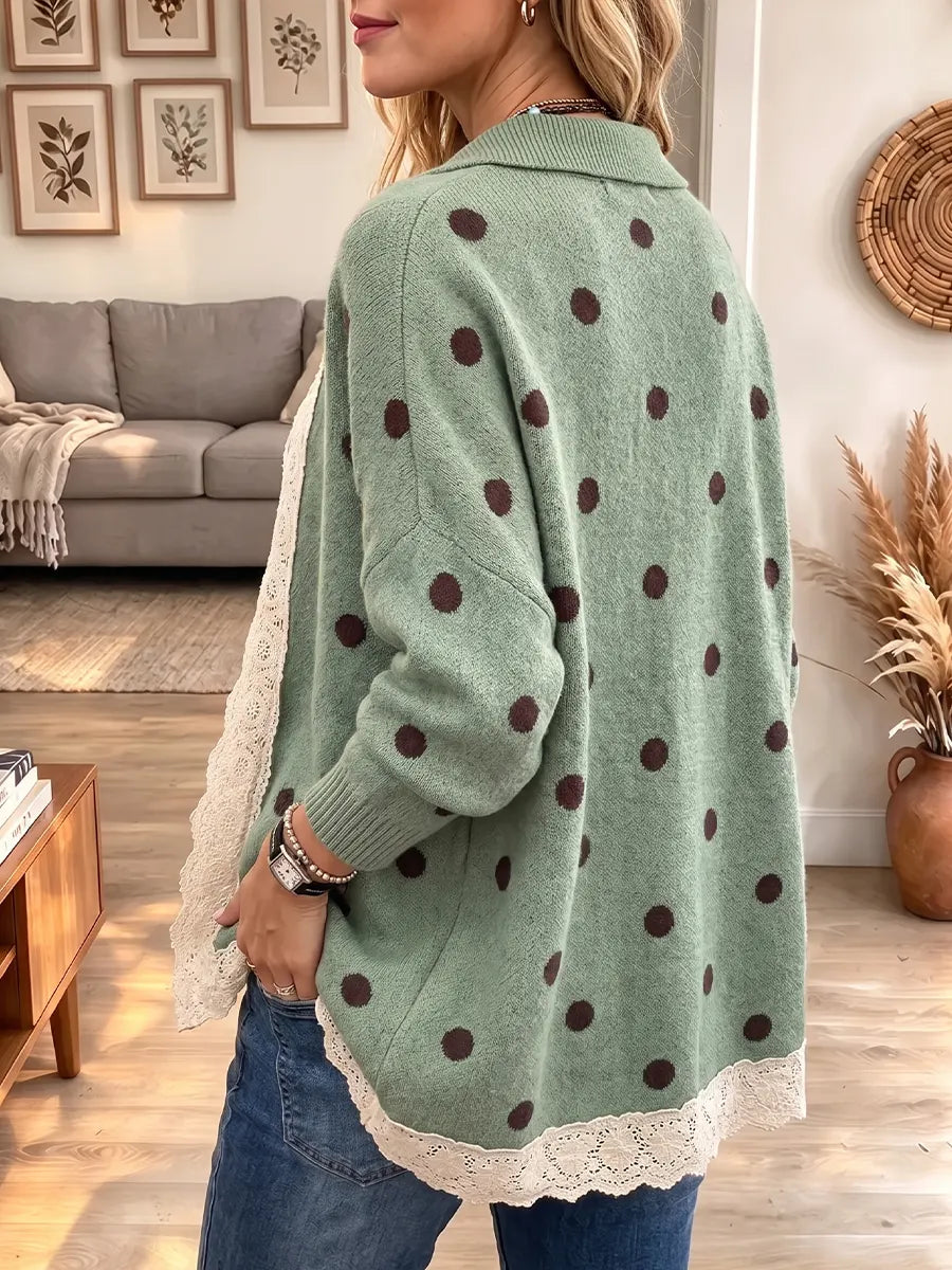 Vintage Elegant Lace Patchwork Polka Dot Sweater Jacket