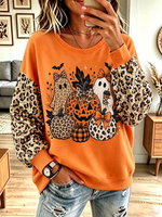 Vintage Elegant Sparkling Halloween Pumpkin Leopard Print Sweatshirt