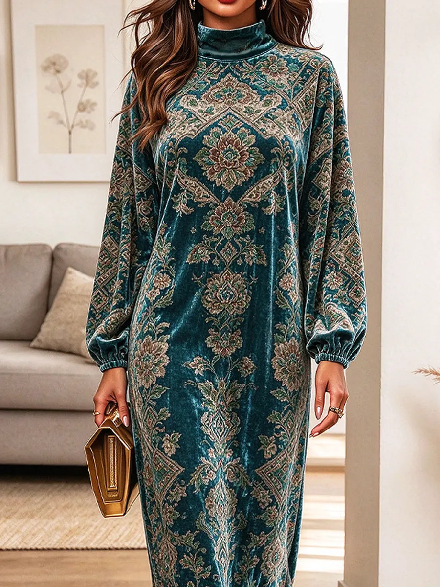 Retro Floral Pattern Art Print Casual Stylish Long Sleeve Velvet Dress