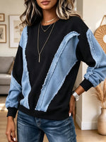 Retro Denim Patchwork Art Casual Stylish Long Sleeve Sweatshirt