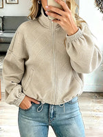 Vintage Elegant Textured High-neck Zip-up Loose-fit Baseball Jacket