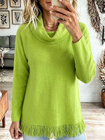 Women's Vintage Elegant Mock-neck Knit Fabric Splicing Tassel Sweater