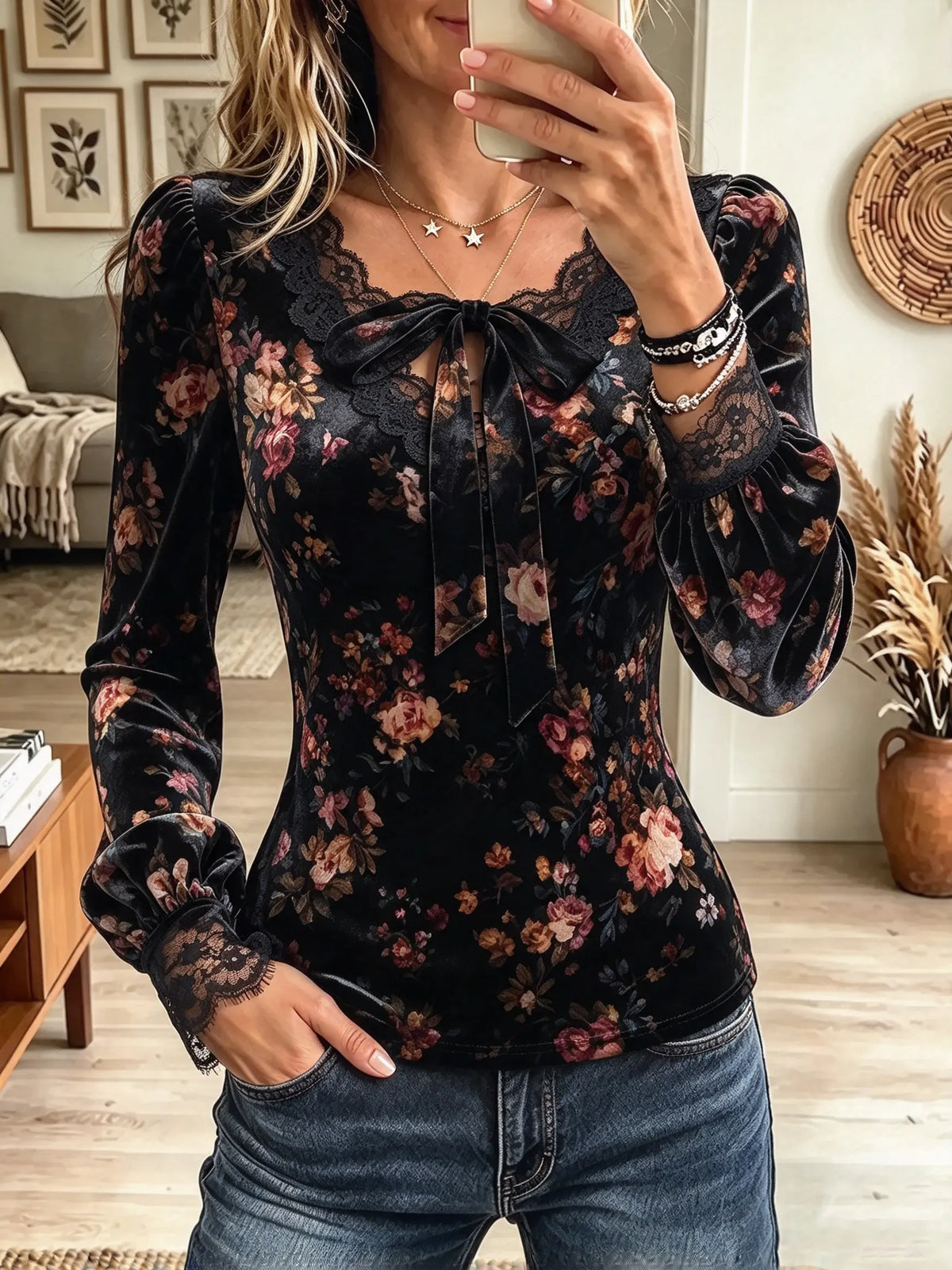 Women's Floral Velvet Lace Trim Tie-Neck Blouse