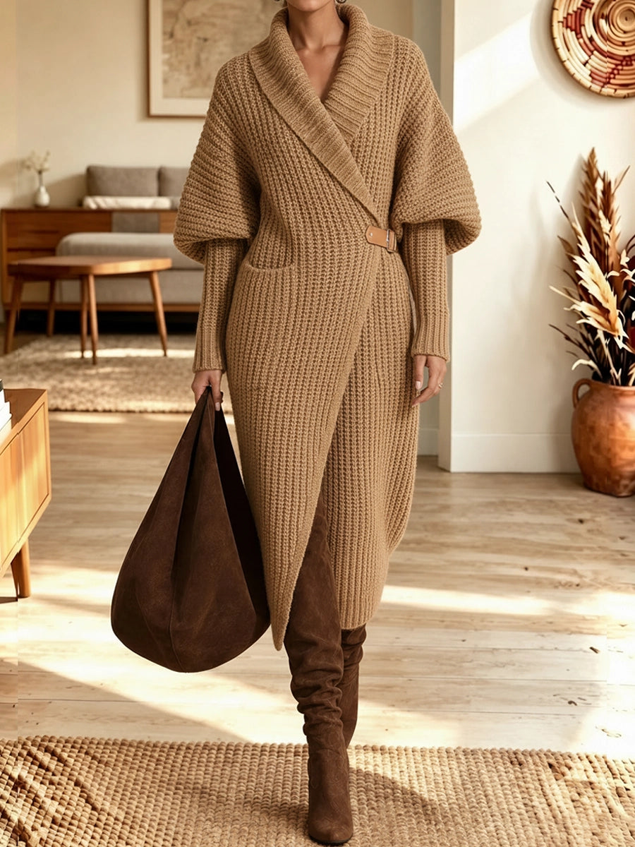 Women's Wrap-style Batwing Sleeve Long Knit Cardigan Dress