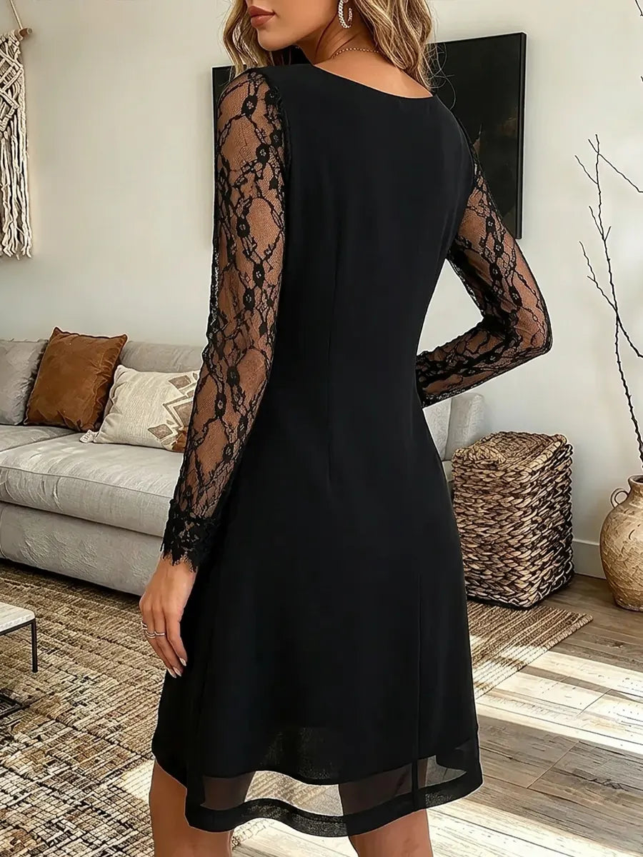 Vintage Elegant Cotton Blend Patchwork Sheer Mesh Dress