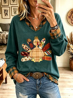 Women's Thanksgiving Turkey Print Sweatshirt, Plaid Fake Collar Long Sleeve V Neck Pullover