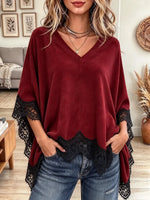 Women's V-neck Poncho Tunic Lace Trim Batwing Short Sleeve Top