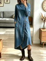 Vintage Turtleneck Asymmetrical Hem Art Casual Long Sleeve Stylish Denim Dress